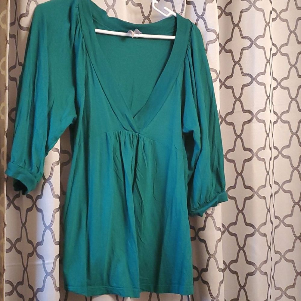 Teal Green Deep-V Wrap Top - L - Boho Flowy Empire Waist Blouse